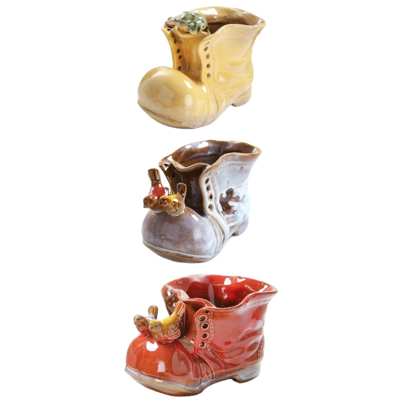 L43A Tabletop Ceramic Boot Container for Indoor Flower Use, Desk Counter Accent and Shelf Display for Entry Tables