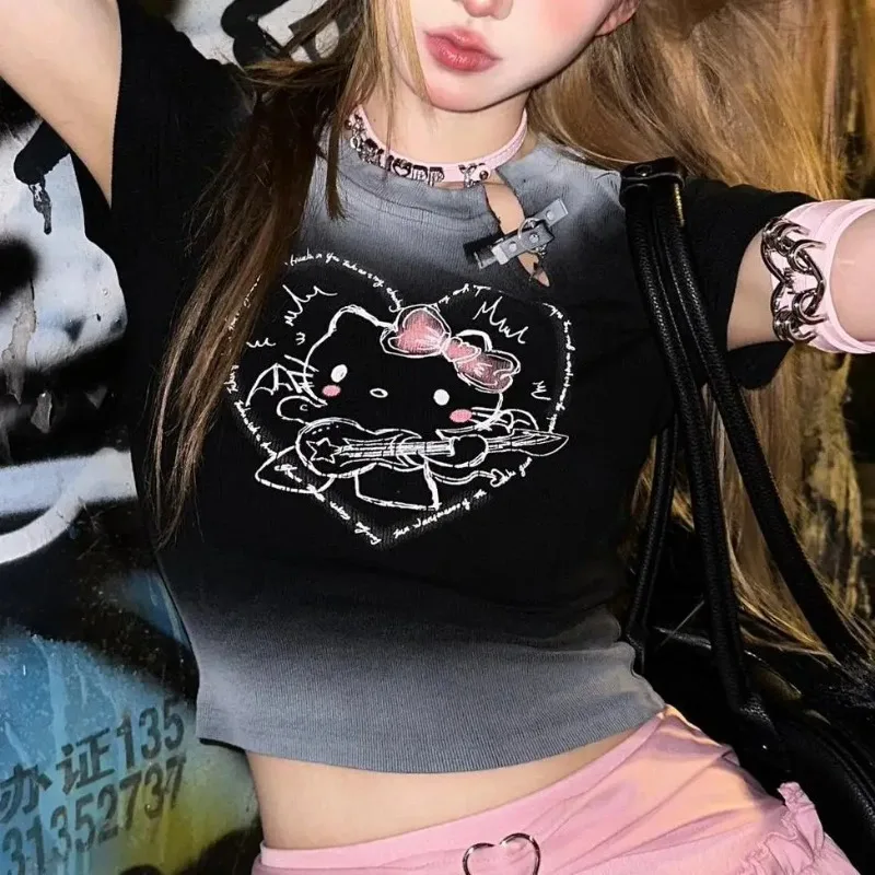 New Sanrio Y2K Style Short-sleeved Millennial Sexy Sweet Women Harajuku T-shirt Rebellious Hellokitty Cartoon Age-reducing Top