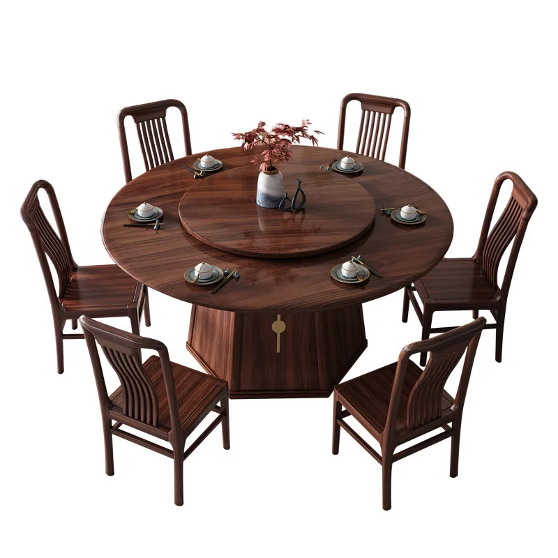 

Круглый обеденный стол из черного дерева с поворотным столом, современная китайская домашняя столовая, большой размер, полностью из цельного дерева
