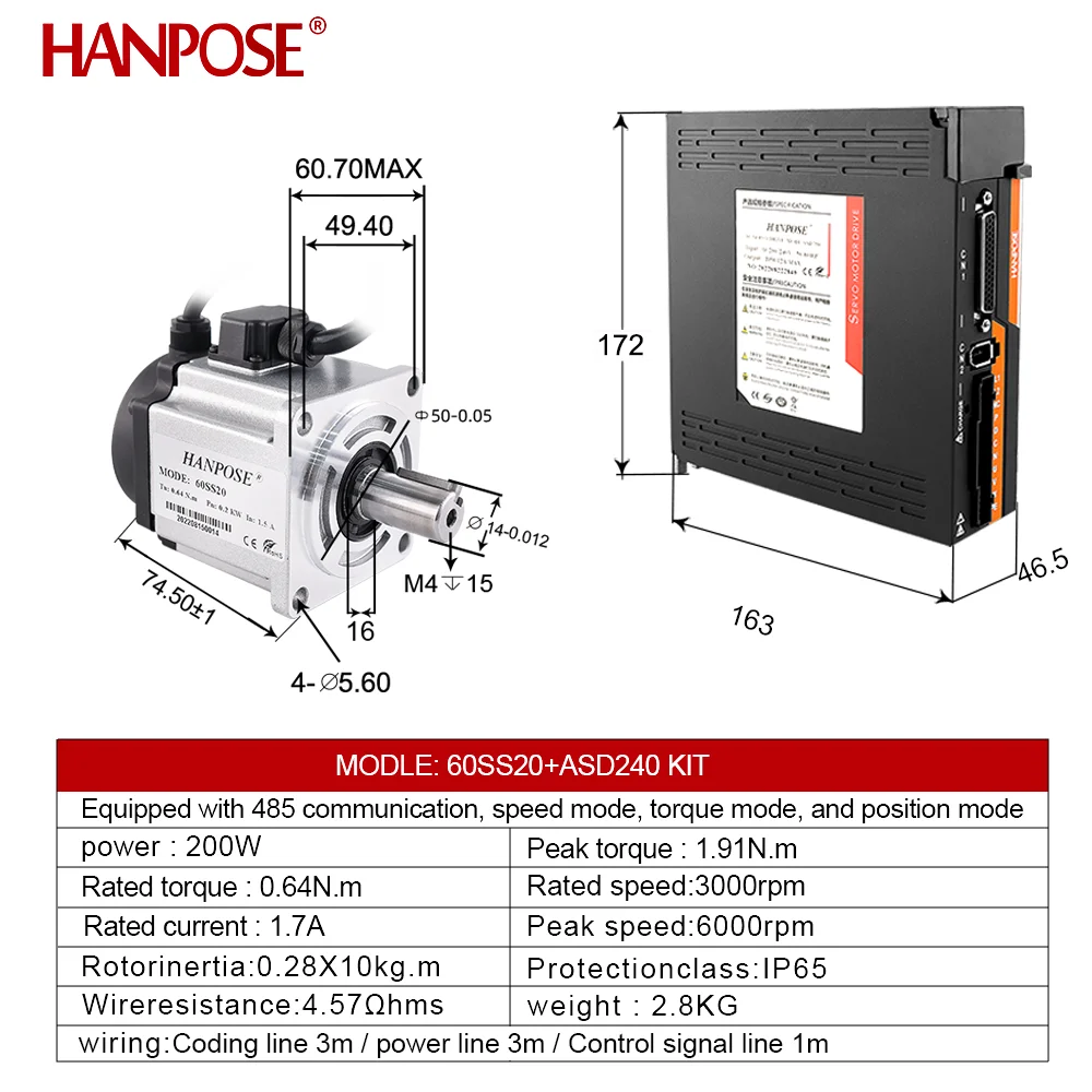 1.5A 0.64N.m 60SS20 AC200-240V ASD240 Servo Drive+3M Encoder Cable For Servo Woodworking CNC Router 200W Servo Motor drive Kit