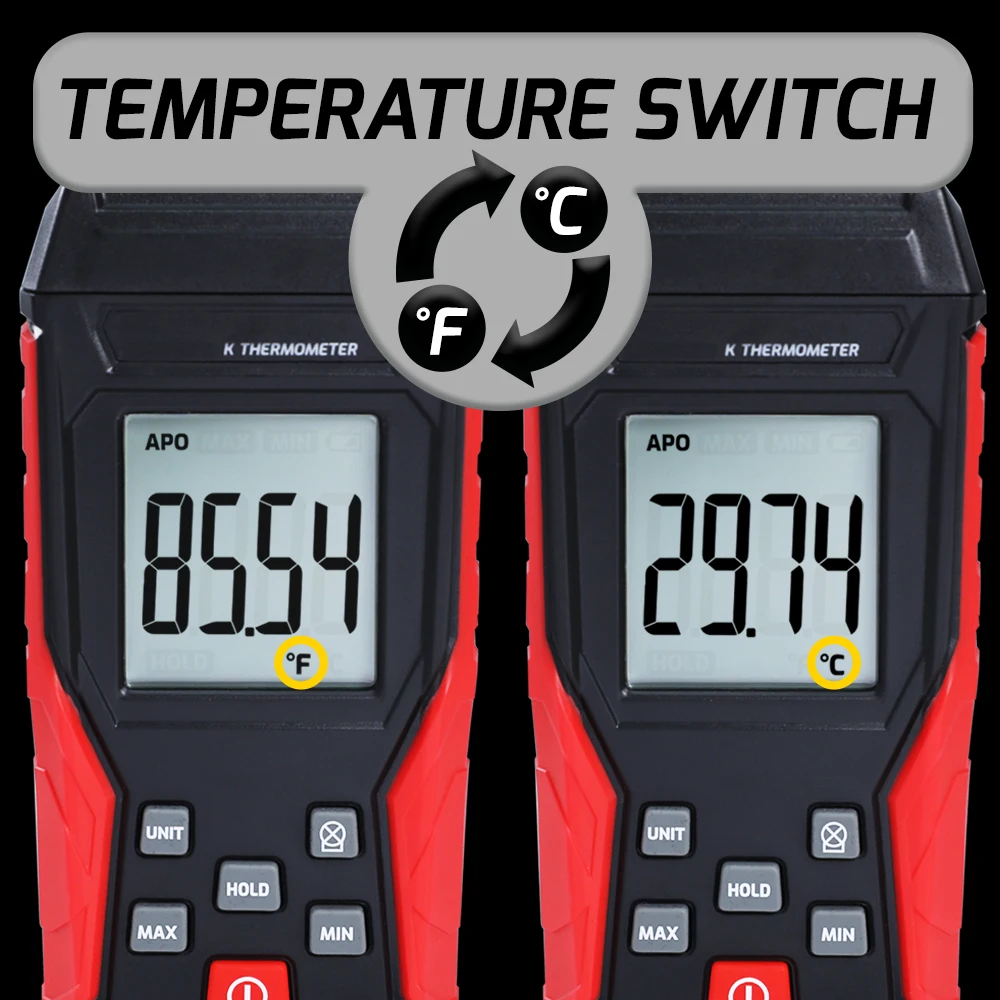 Termometro digitale tipo K con 2 termocoppie (cablato e acciaio inossidabile) Termometro HVAC a canale singolo Misuratore industriale