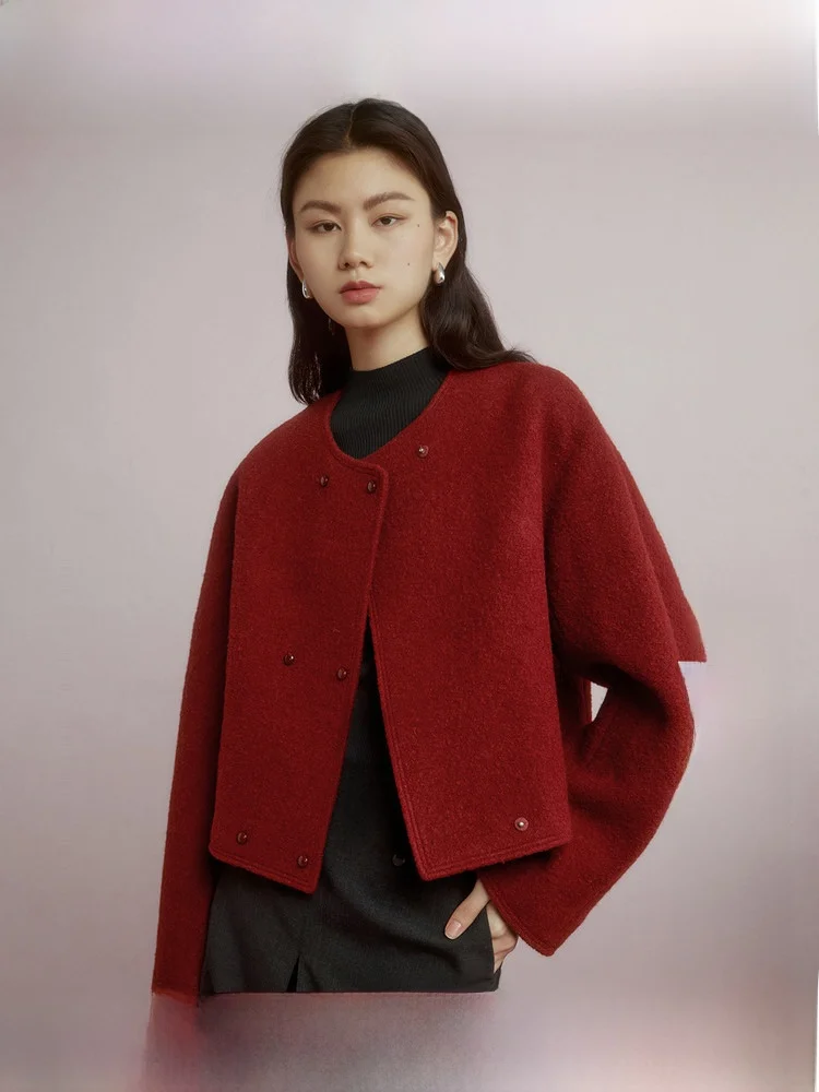 

ZhiZhi Vintage Red ort Coat Women Winter Faion Woolen Jaet Small Size Ladies Sli round Ne Long Sve Coat