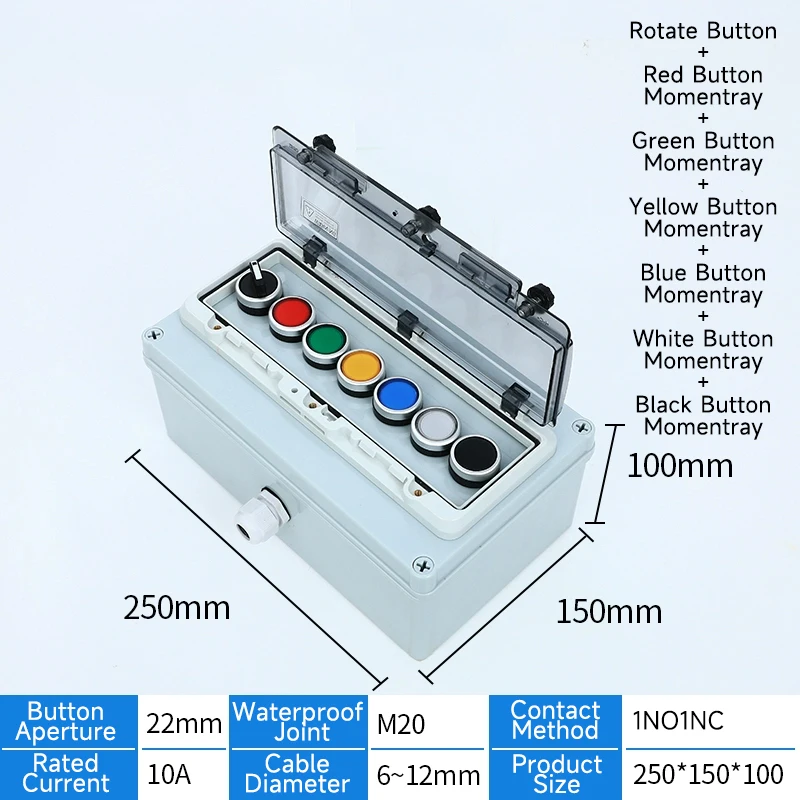 7 holes Outdoor waterproof button control box emergency stop start stop box with protective cover outdoor rainproof power switch