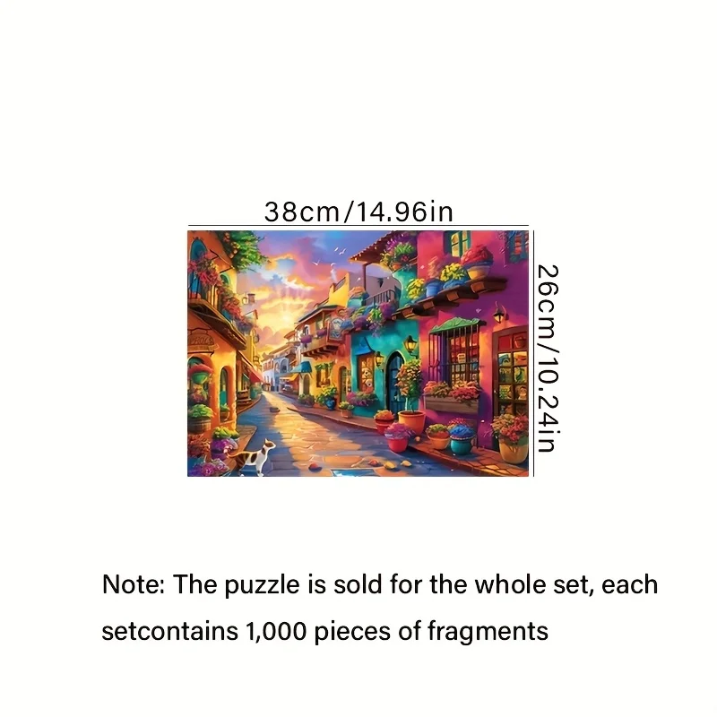 1000pcs Advanced Level Mini Puzzle for Adults - Vibrant European Street Scene with Colorful Buildings & Flowers, 38x26cm/14.96