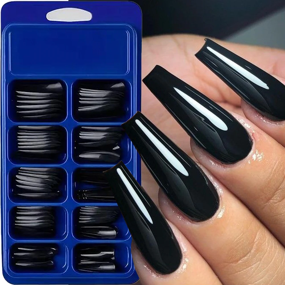 

120Pcs Black Glossy Long Ballerina Press On Nails Acrylic Coffin False Nail Tips Full Cover French Artificial Fake Nail Patches_