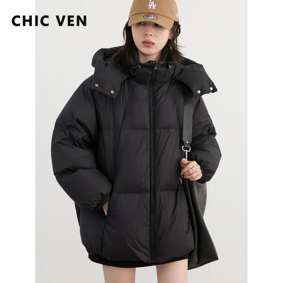CHIC VEN Women Down Coats Korean Stand Hooded Loose Solid 90 White Duck Down Jackets Female Clothing Warm Autumn Winter New 2025