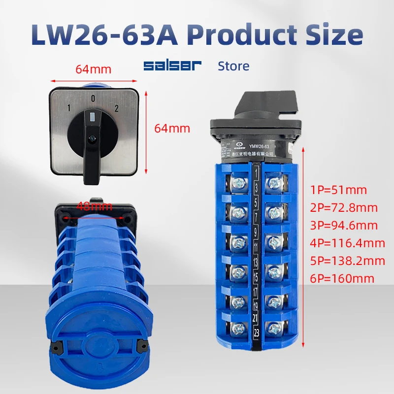 LW26-63A Cam Rotary Switch 2/3P Position Silver Contact ON-OFF Dual Power Forward And Reverse Changeover Selector