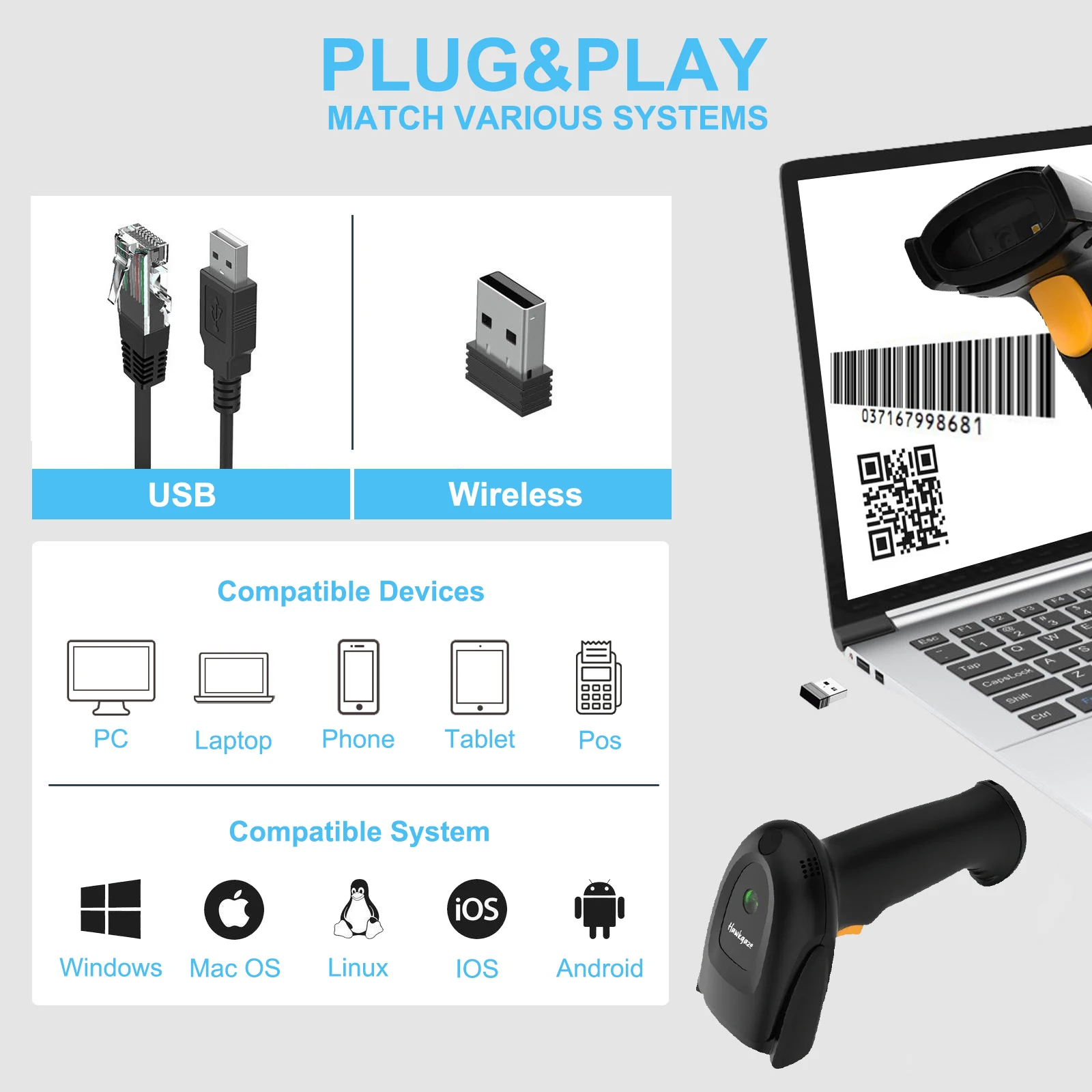 2D 1D Handheld Wireless Barcode Scanner Scanning Gun Wired Usb Bar Qr Code Reader Store Supermarket Warehouse Inventory