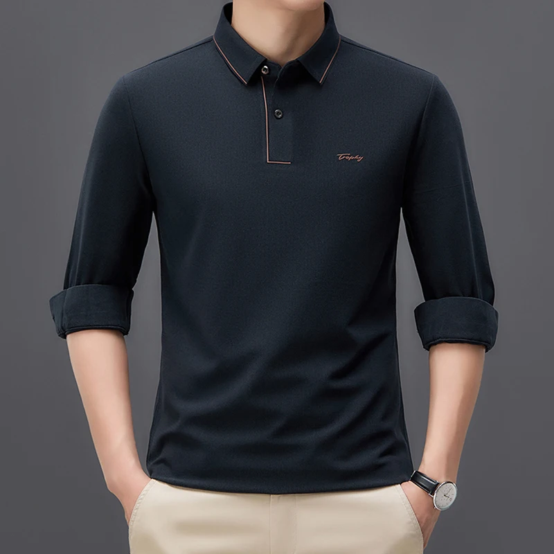 

2024 New Men's Long Sleeved T-shirts, Business Casual Pullover, Daily Breathable Trendy Lapel Top