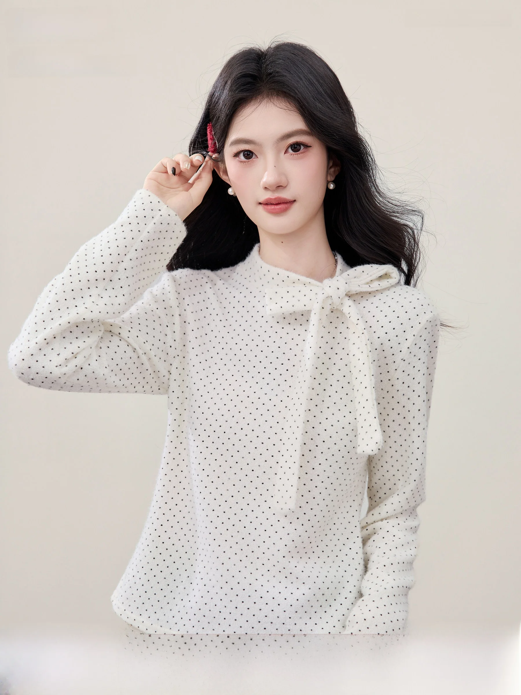 

Lingjiu Polka Dot Knitted Base irt Women's Casual Knot Design Slimming Top Soft Polyester Fiber Long Sve round Ne