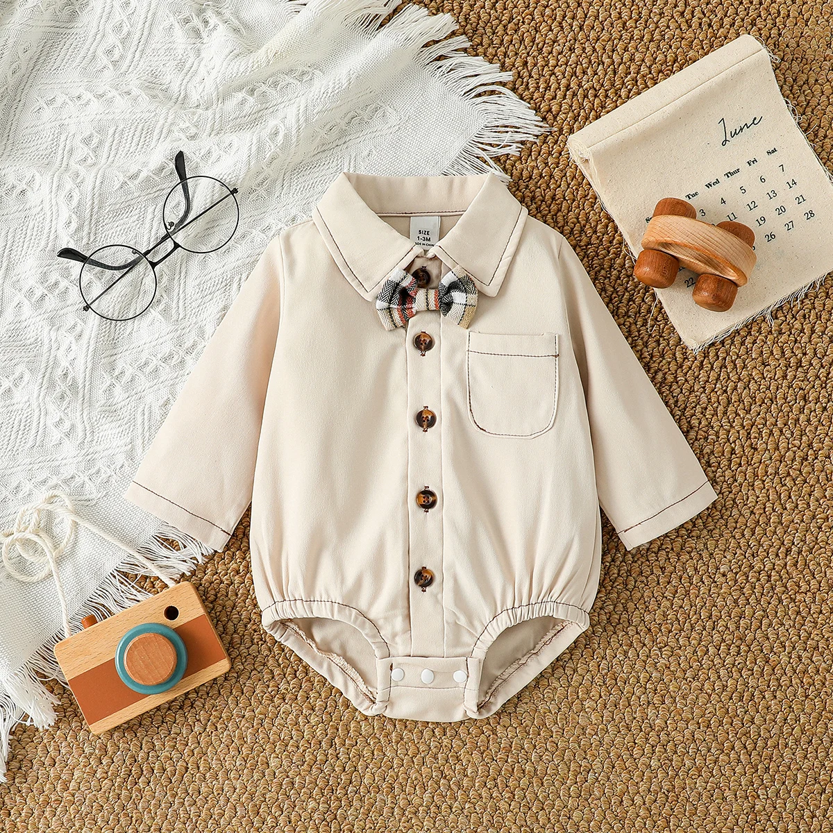 2025 Autumn Baby Boys Formal Dress Shirt  With Bow Long Sleeve Button Up One-Piece Romper Jumpsuit For Newborn 0-1Y Clothes