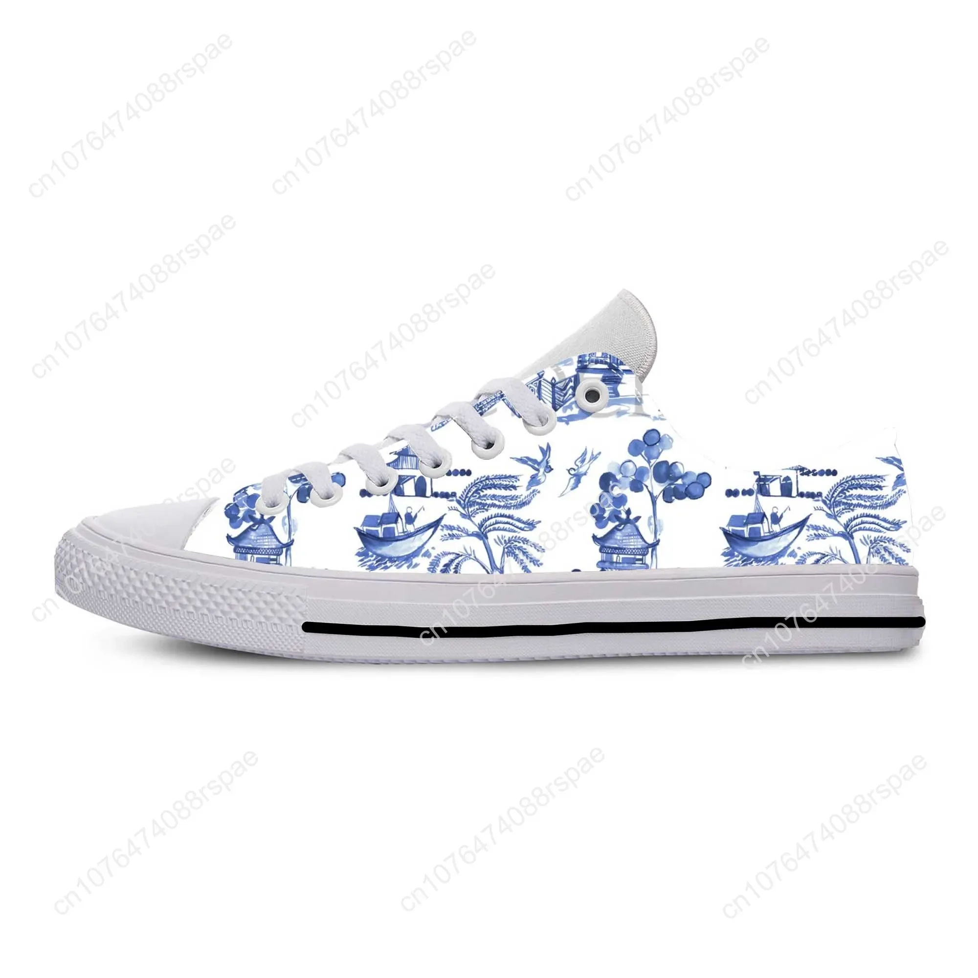 Blue White Willow Pagoda Chinoiserie China Pattern Casual Cloth Shoes Low Top Comfortable Breathable 3D Print Men Women Sneakers