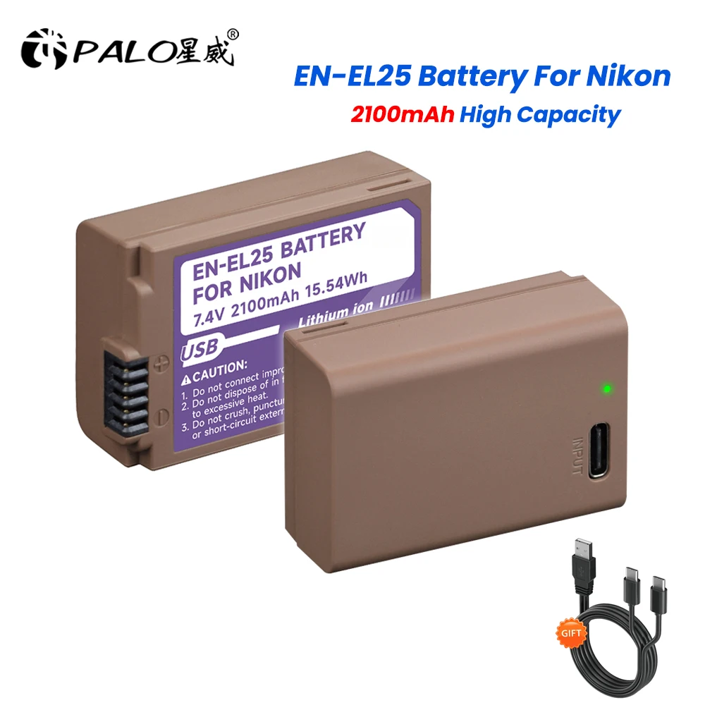 PALO 2100mAh EN EL25 EN-EL25 Rechargeable Battery with Type-C Charging Input for Nikon Z30 Z50 ZFC Camera 4241 EN-EL25 Battery