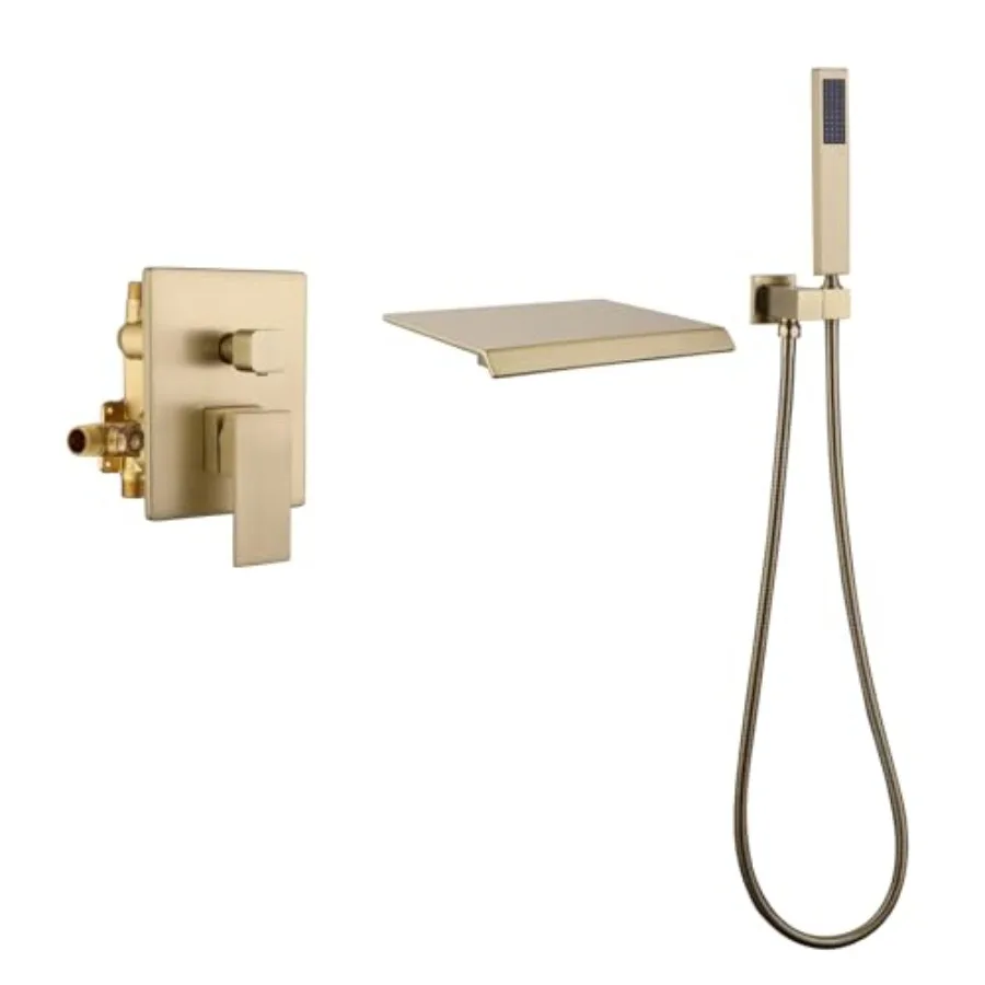 

Wall Mount Tub Faucet with Waterfall Tub Spout Tub Faucet Set Wall Mounted Bathtub Faucet with Handheld Sprayer Brushed Gold Mo