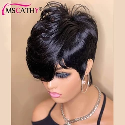 Parrucche Glueless di colore nero parrucche naturali dei capelli umani per le donne nere Pixie Cut Short Straight Bob parrucca piena fatta a macchina con frangia