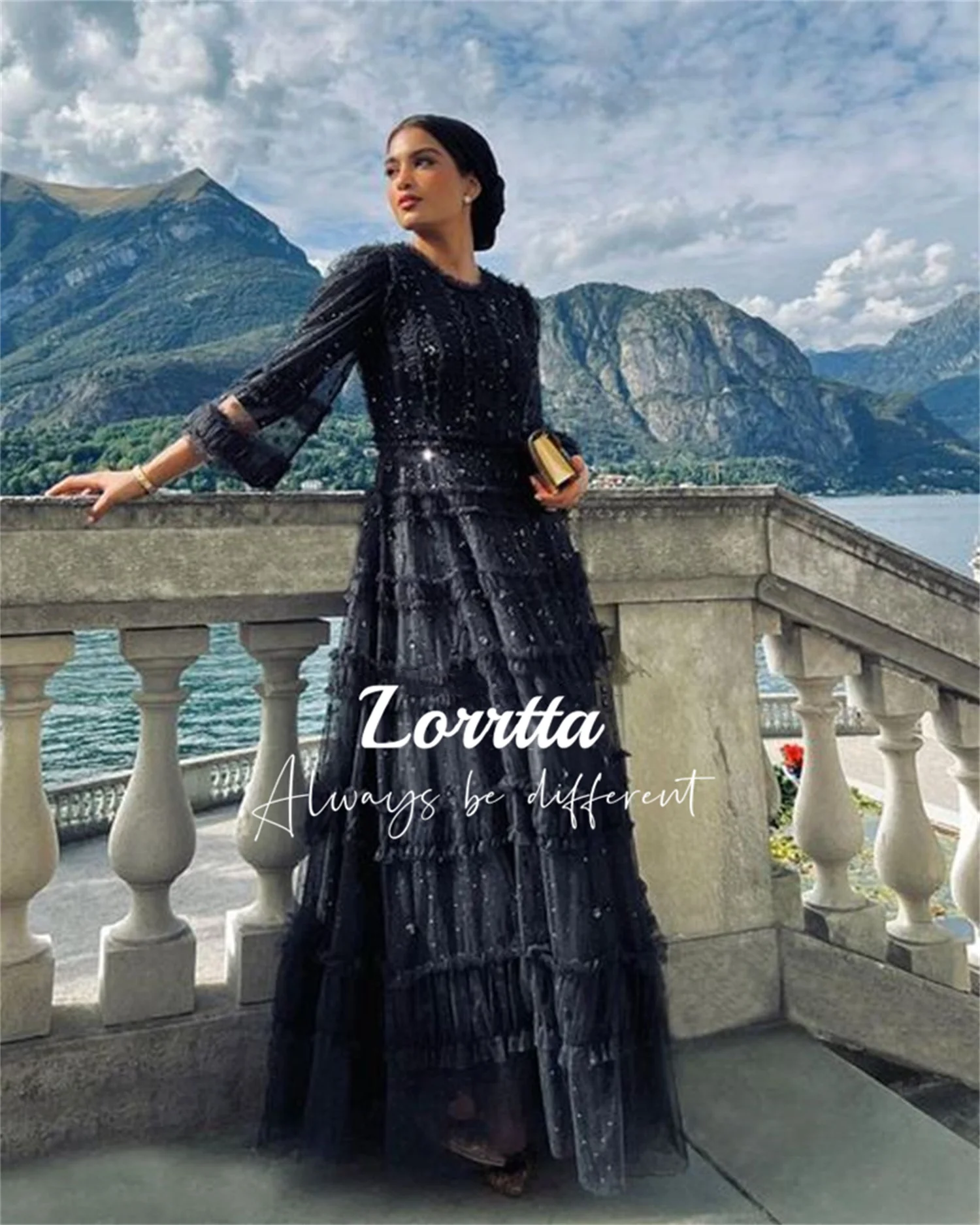 Lorrtta Elegant Black Ball Gown Ruffled Tulle Beaded 3/4 Sleeve Formal Evening Gown Party Dress Evening Robe Dresses Customized