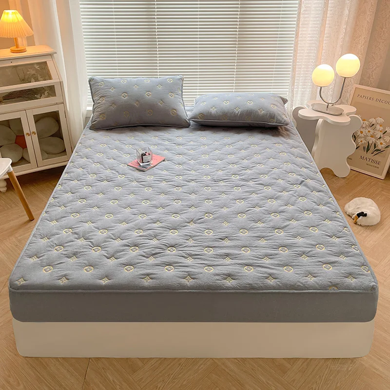 

Washed Cotton Embroidery Bed Sheet With Elastic Band Solid Color Anti-Slip Adjustable Mattress Cover For Single Double King Bed