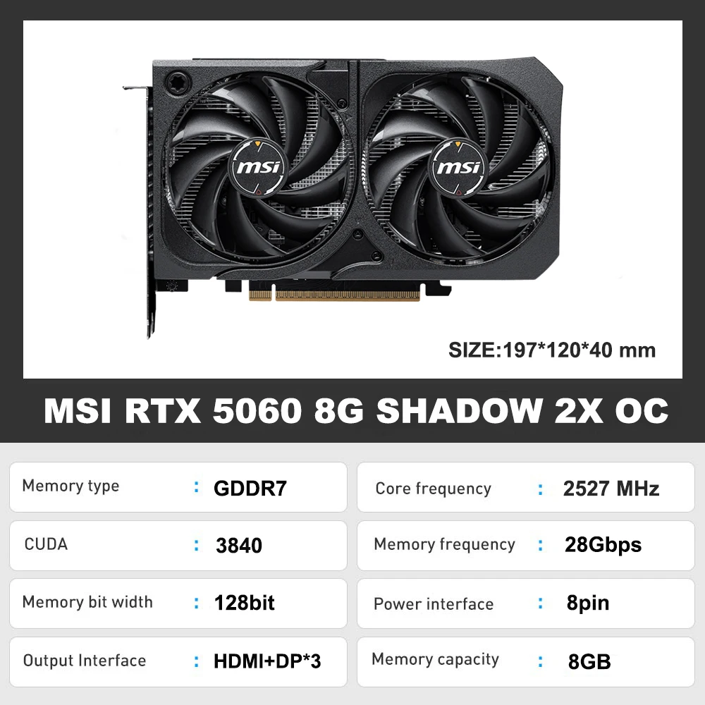 بطاقة رسومات جديدة MSI RTX 5060 8G SHADOW 2X OC rtx 5060 GPU GDDR7 8G 128Bit 8-pin 6NM 2527MHz بطاقة فيديو للألعاب