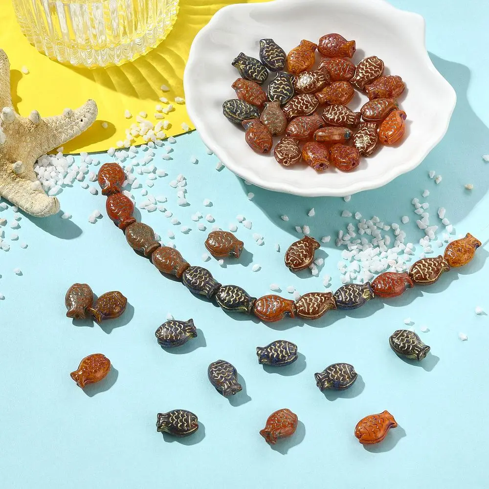 50pcs Vintage Golden Metal Enlaced Fish Lampwork Beads Mixed Color Carved Loose Beads For Bracelet Necklace Jewelry Craft Making