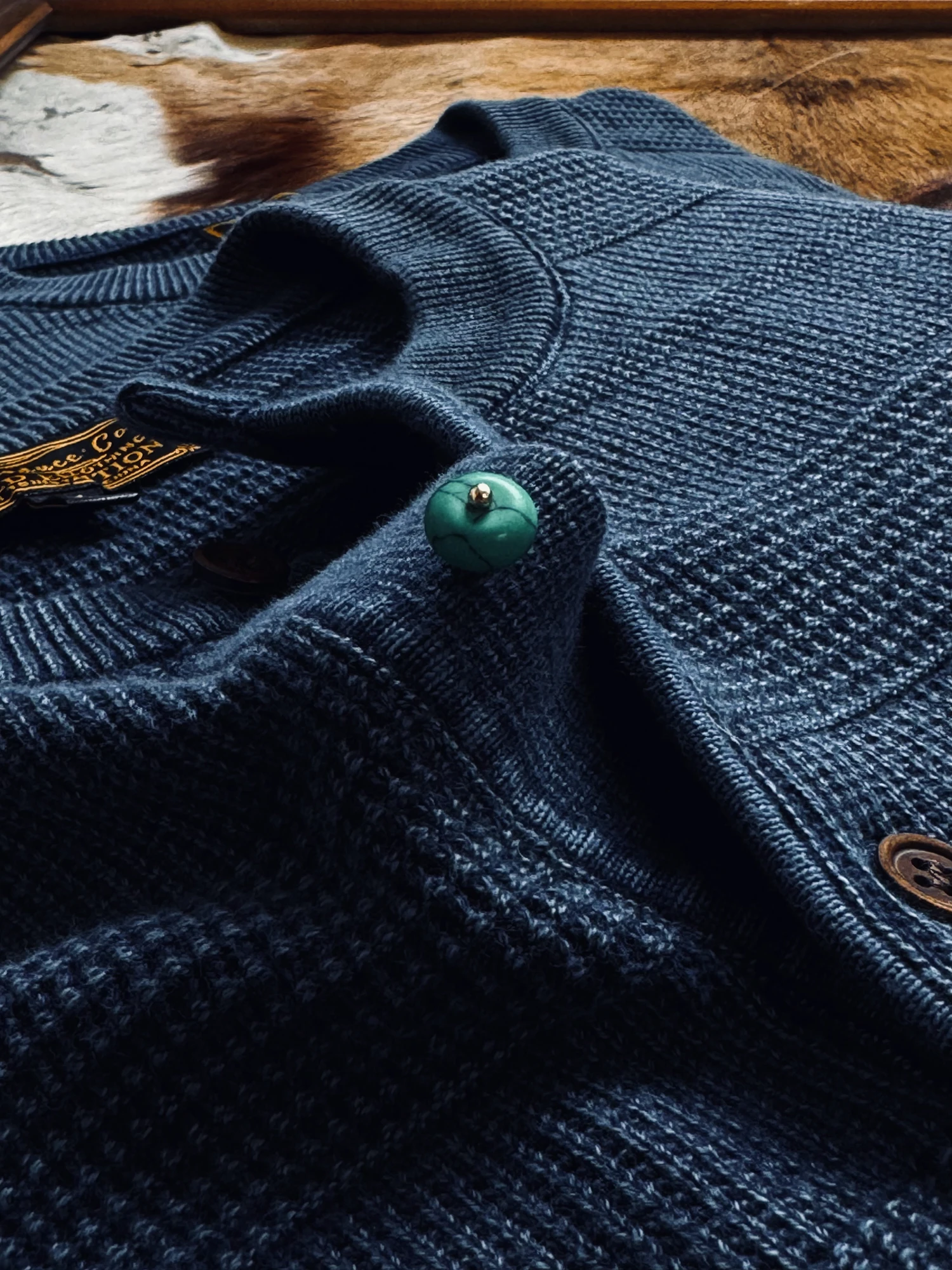 Retro American Blue Dye Washed Long Sleeve Men's Knitted Base Shirt Henry Collar Sweater Thick Cotton Workwear Style  Color