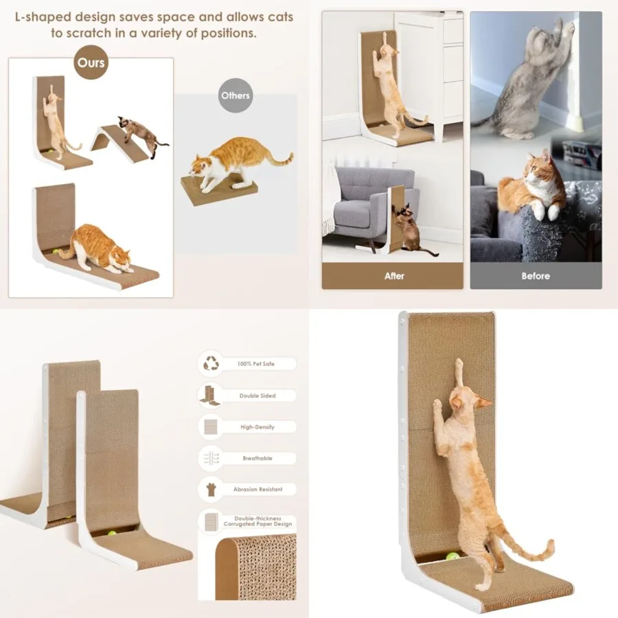 

Cardboard Cat Scratcher for Indoor Cats, 32 Inch L Shaped Vertical Cat Scratching Board with Ball Cat Toy, Extra Large Cat Scra