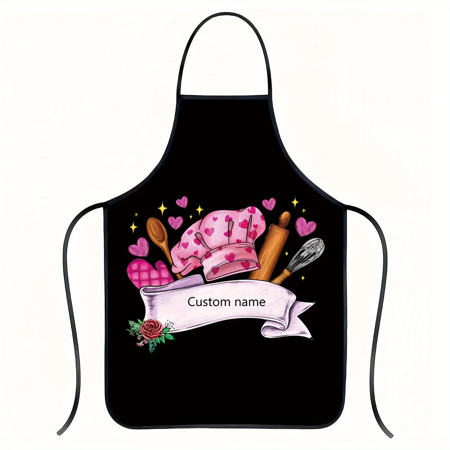 1pc Custom Text Personalized Apron - Pink Chef Theme with Kitchen Utensils, Hearts & Stars Print, Durable Polyester Sleeveless