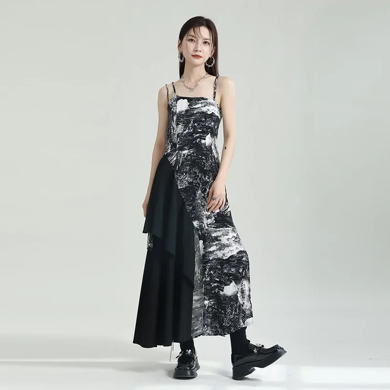 Women Sexy Strappy Black Dresses Suspender Irregular Clothes Summer Sling Tanks Splicing Print High-end Camis Streetwear Tops