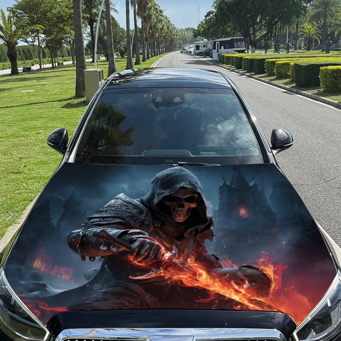 Fire Domain with Reaper Holding Flame Sword Car Vinyl Wrap, PVC Material Waterproof Car Hood Sticker, Self-Adhesive Scratch-Resi