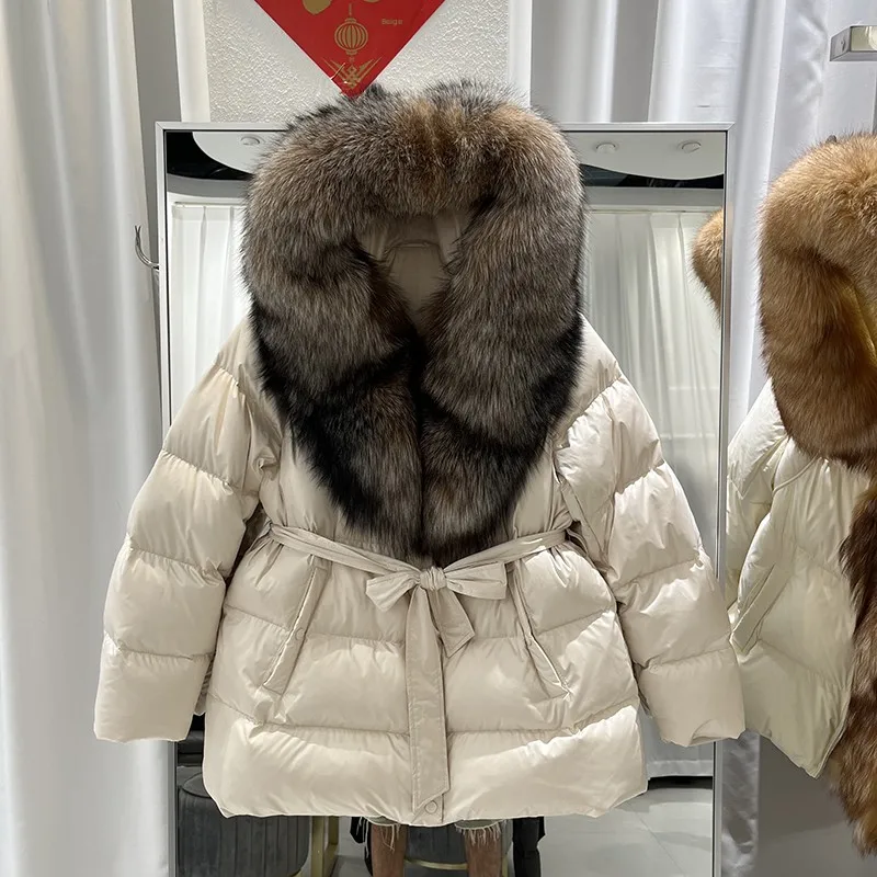 Thickened  Fur Collar down Jacket Women's Mid-Length Loose Waist-Cinching High-End Fur Coat European Style Commute Fashion