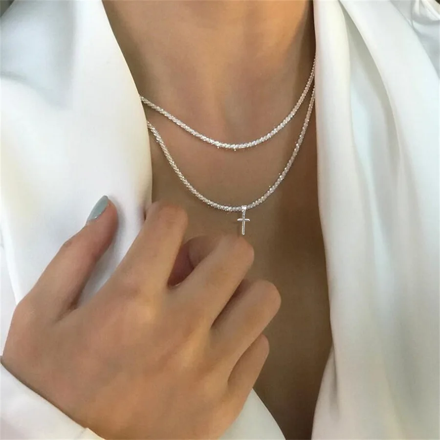 Fashion Sparkling Cross Pendant Necklace For Women Silver Color Multi Layered Clavicle Chain Choker Girls Korean Party Jewelry