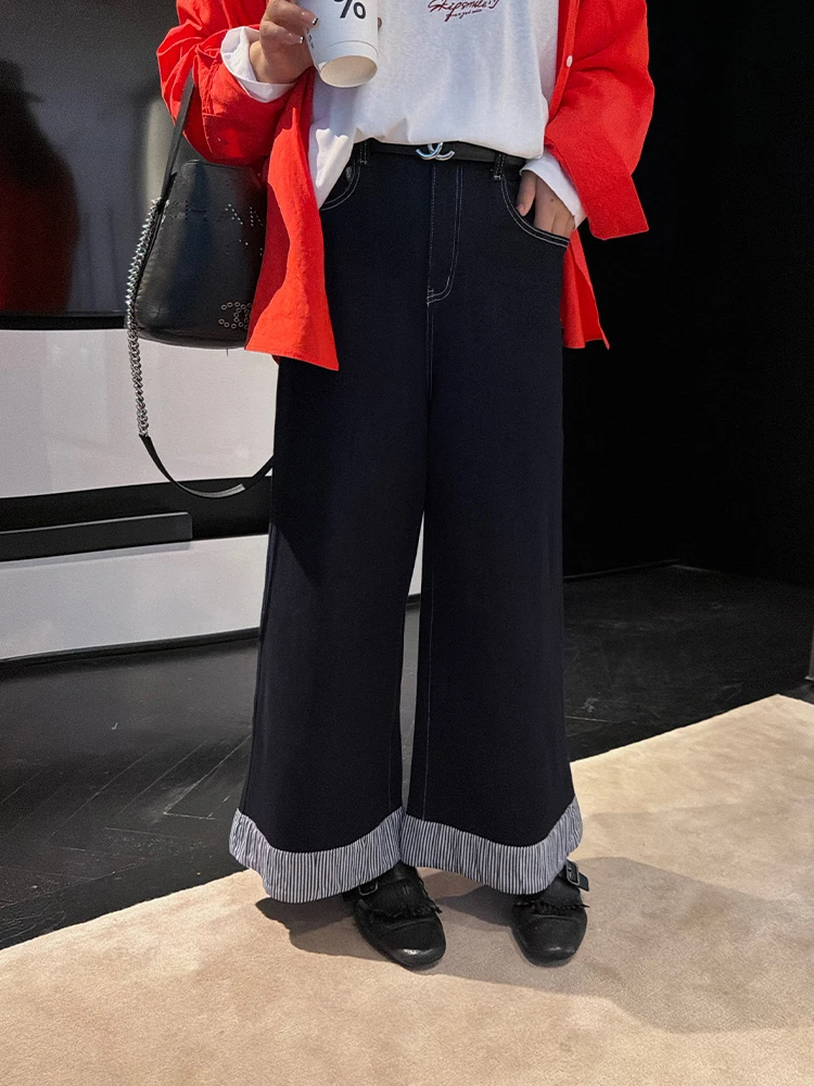 

Good Fit Striped Color Block Wide Leg Denim Jeans for plus Size Women Comfortable to Wear Retro Style Spring Summer Pants
