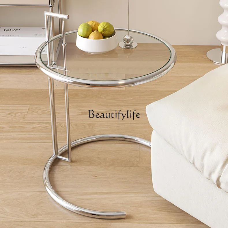 Stainless steel lifting coffee table glass round tea table light luxury corner table