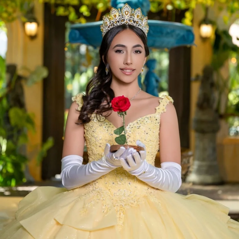 

Yellow Quinceanera Dresses Off the Shoulder Crystal Lace Layering Decal Long tail Bow Vestidoe 15 Quinceanera Customize