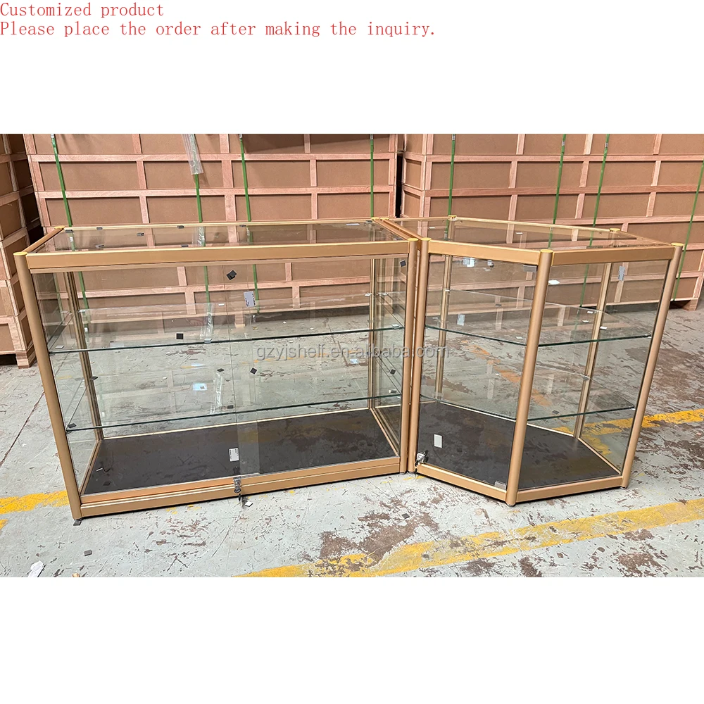 

Custom.Customized High End Popular Full Vision Gold Metal Frame Style Glass Jewelry Kiosk Glass Display Cabinet for Shopping Mal