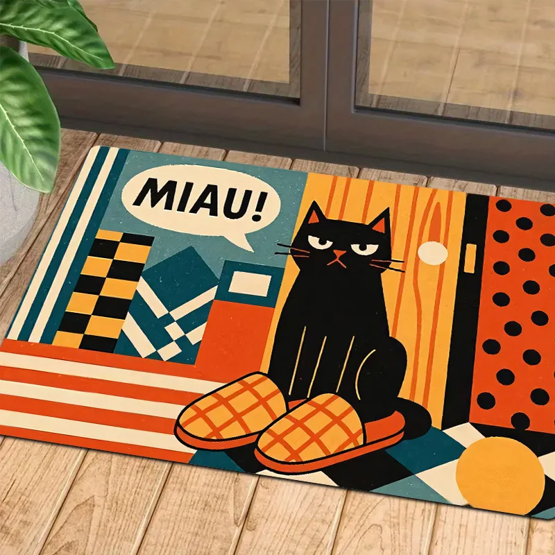 Arrogant And Cute Retro Color-Blocked Black Cat Themed Outdoor Doormat, Flannel Material, Thick Fleece with Sponge 0.4 Inches/1.21 LB Per Square Meter