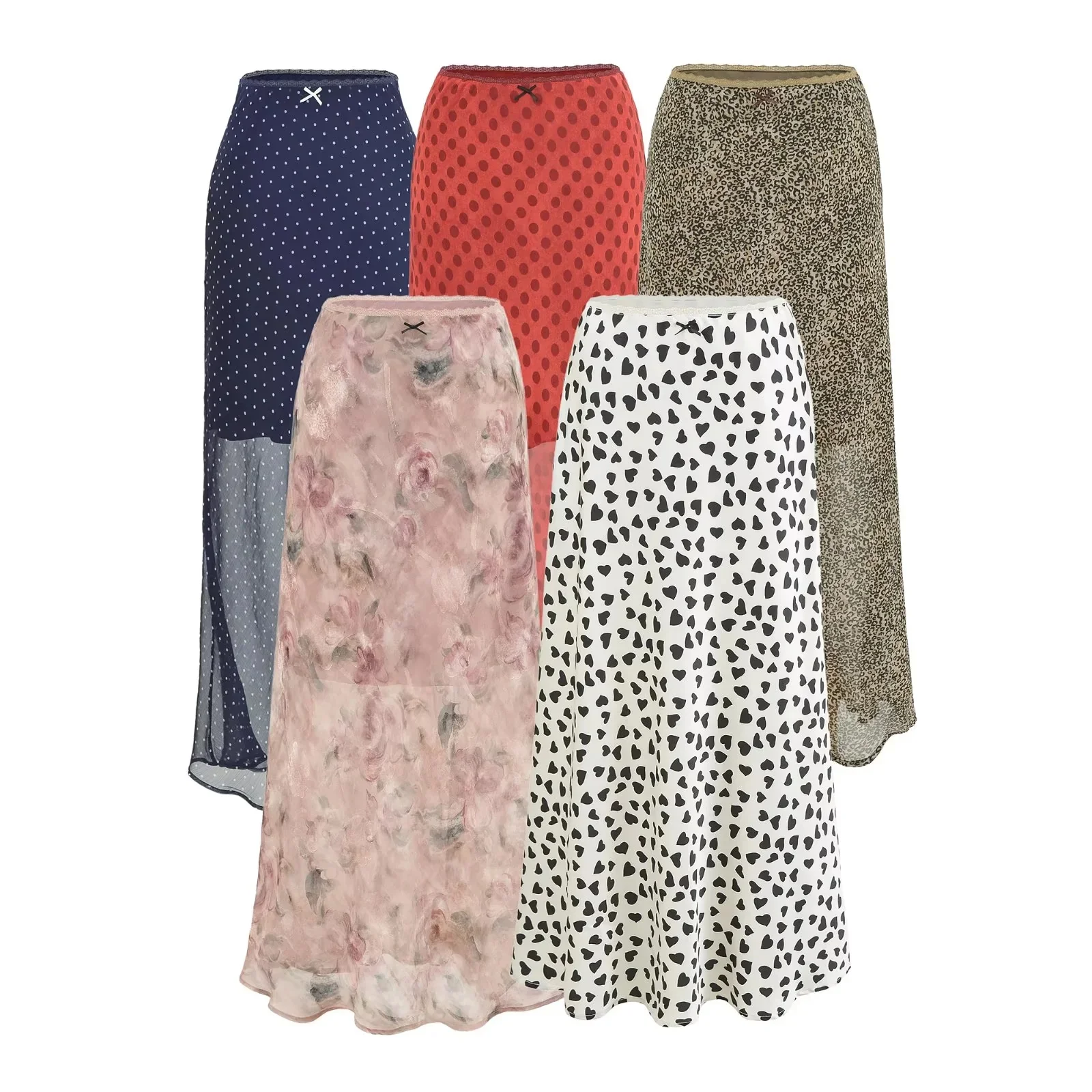 Lightweight Breathable High Waist Printed Half Skirt Women's Lace Patchwork  Knot Long Skirt Commute Leopard Print S...