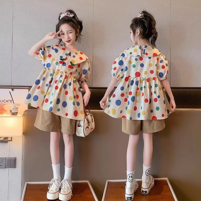 New Summer GirlsCotton Suit Korean High Street Fashion Kids Cute Dress Shorts 2 Piece Set High Quality Children's Set 2024