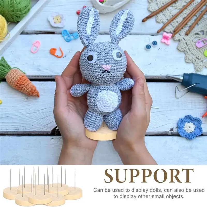 B84B 24pcs Crochet Stand, Double Steel Needle for Felt Animal Stand, Wooden Base Support for Action Figure Display, Base