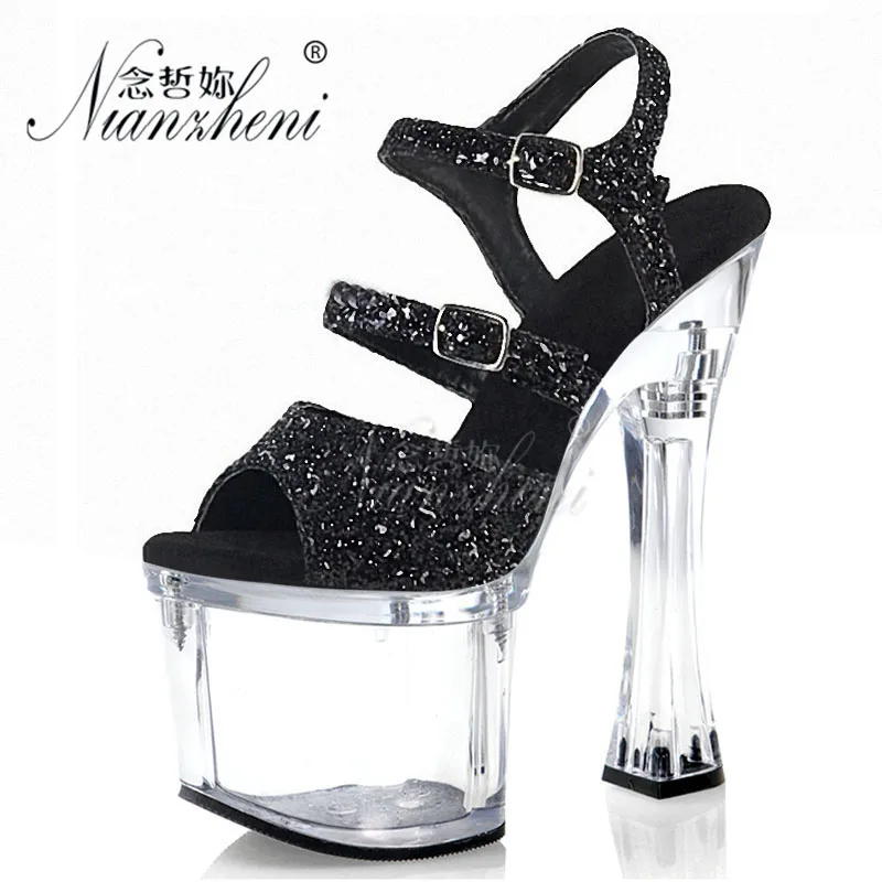 

Strip Pole Dance Cross Dressing Rransparent Coarse Heel 18cm Bride Full Dress Cross Dressing Gothic Shoes Nightclub High Heels