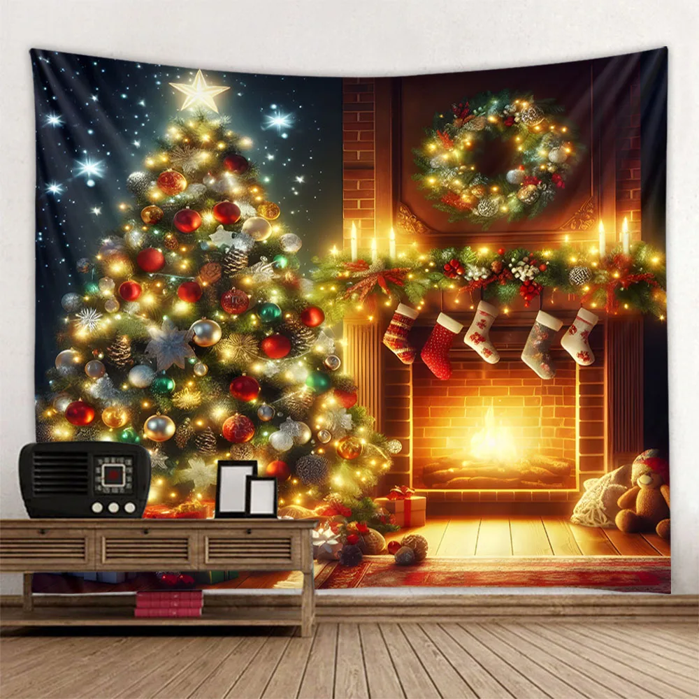 Christmas tree tapestry, Christmas fireplace, holiday decoration wall hanging, living room, bedroom, dormitory background poster