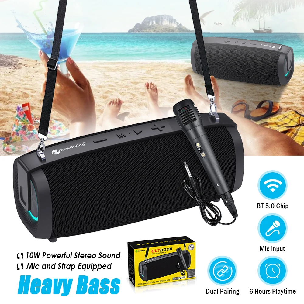 

10W Bluetooth 5.0 Speaker Portable Outdoor Microphone Speaker Stereo Subwoofer Heavy Bass Sound System with Microphone and Strap