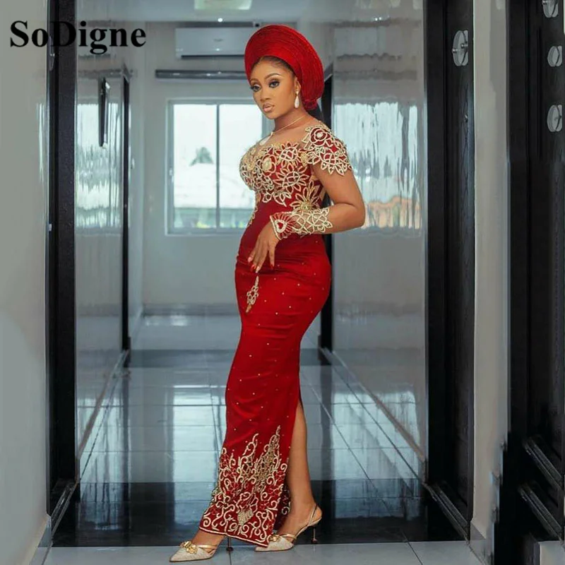 SoDigne Mermaid Red Evening Dress Short Sleeves African Gold Lace Appliques Lace up Saudi Arabic Formal Prom Gowns Customized