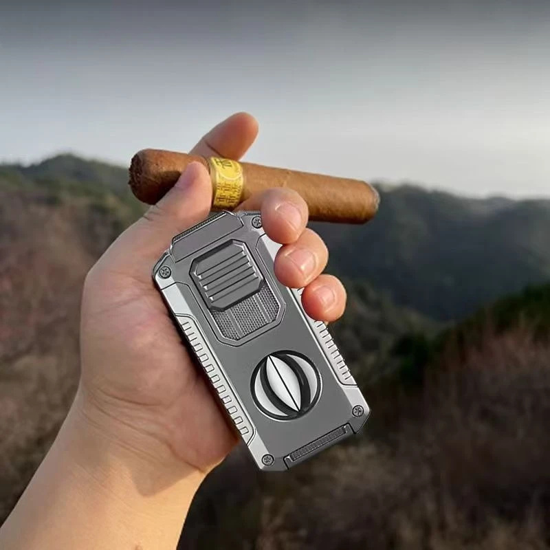 

5 in 1 Professional Cigar Lighter with V-shaped Cigar Cutter Bottom Cigar Drill Thru Needle Strong Three Flame Butane Lighter