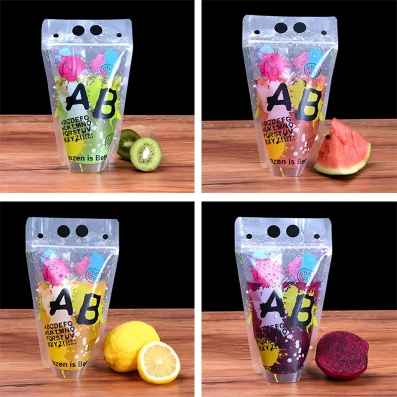 100pcs/lot New Design 7 Styles Plastic Drink Packaging Bag Pouch for Beverage Juice Milk Coffee with Handle and Holes for Straw