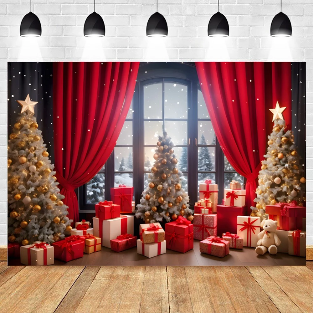 Christmas Photography Backdrop for Family Xmas New Year Party Decorations Red Curtain Christmas Tree Fireplace Photo Backgrounds