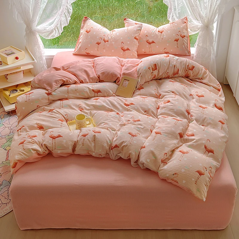 Pink Flamingo Bedding Set Cute Animal Duvet Cover Double Layer Yarn Comforter Covers for Kids Adults Men Women Romantic Theme