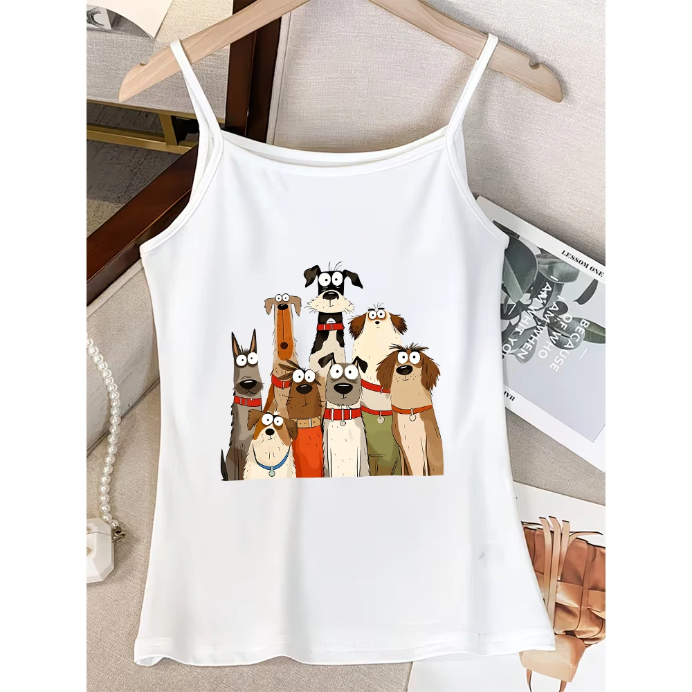Vintage Cartoon Vibe Camisole Women Summer Detailed Dog Illustration Tank Top Group Pose Sleeveless Vest Streetwear Fashion