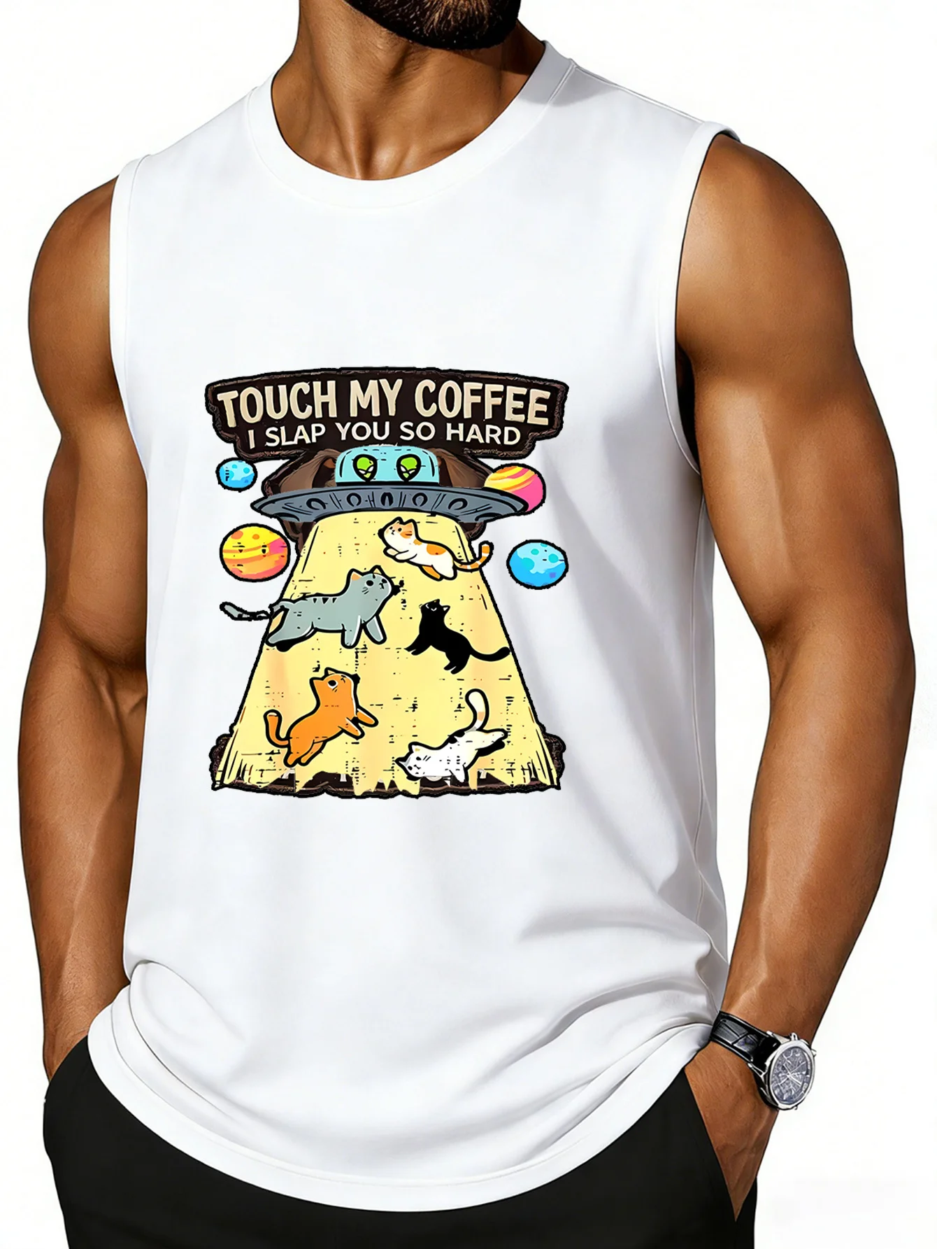 CLOOCL TOUCH MY COFFEE Printed Vest Fashion Sports Vests Summer Men's Sleeveless T-Shirt Casual Top