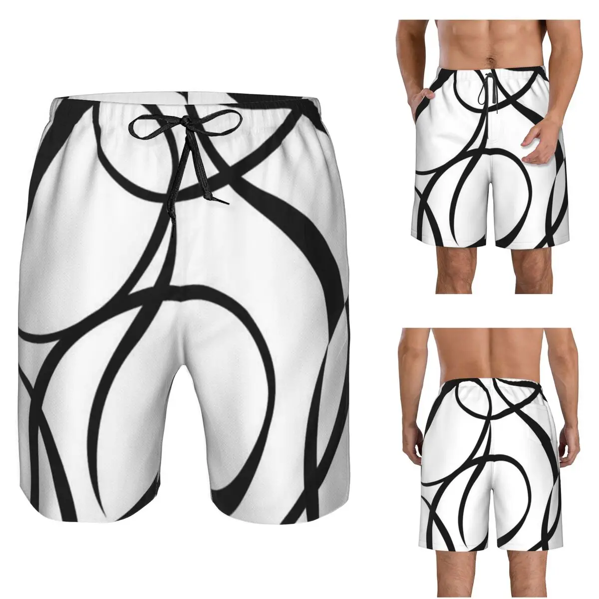 4 Pcs - 45cm 18In - Geometric Abstraction Line Trunks Beach Board Shorts Casual Quick Dry Swim Summer Men Pants