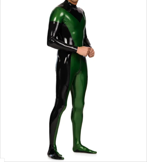 

100% latex Rubber Gummi Black green patchwork Jumpsuit comfortable and handsome racing costume party role play xs-xxl 0.4 mm